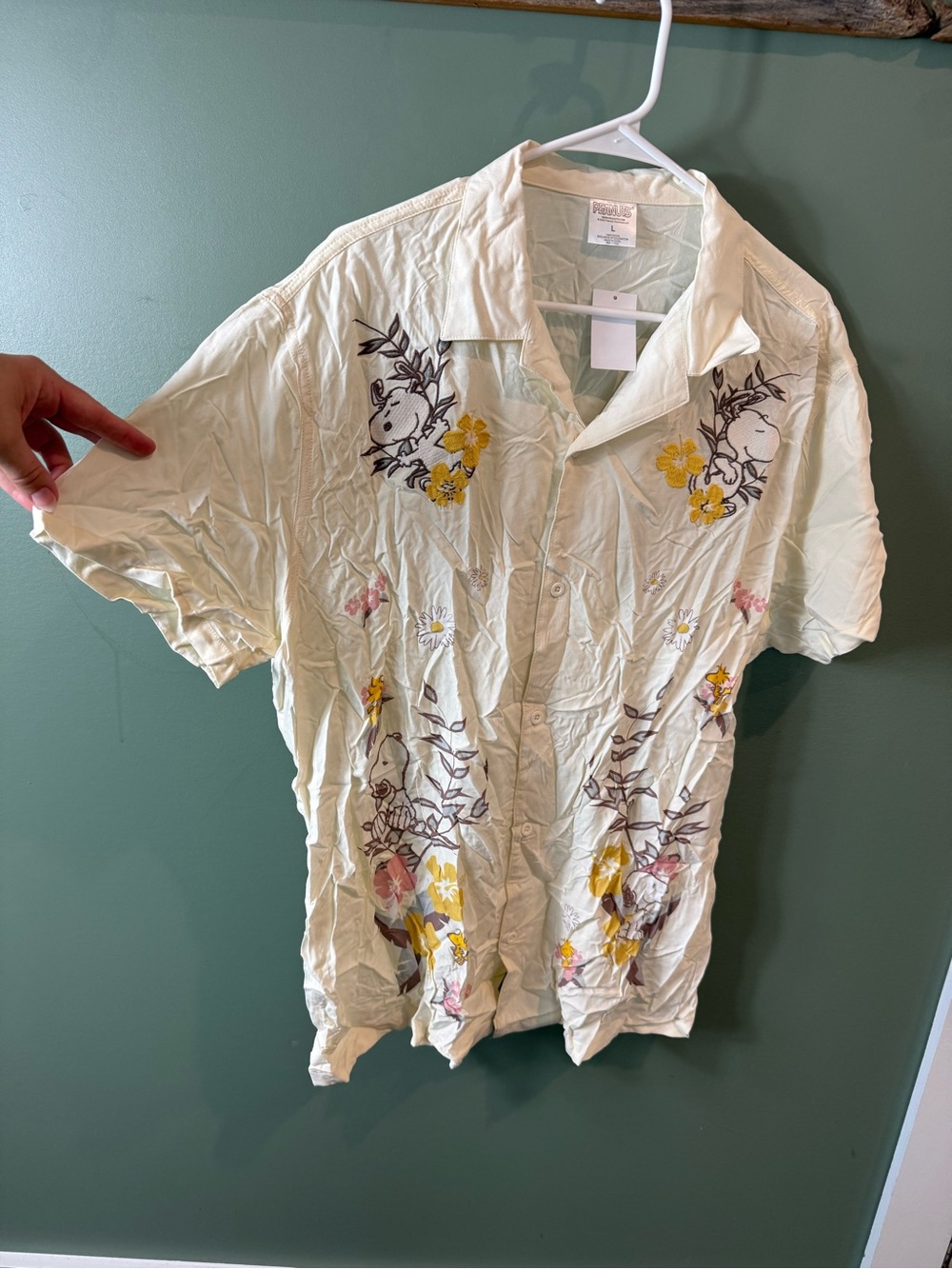 Peanuts Snoopy Hawaiian Shirt Mens Large Cream Embroidered Printed